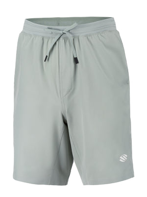 Front view of men’s Essentials 9 inch Performance Pickleball Shorts with light gray fabric, drawstring waist, and Selkirk logo