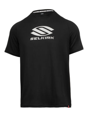 Black short-sleeve athletic T-shirt with white SELKIRK logo centered on the chest