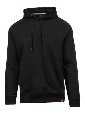 Black pullover hoodie with SELKIRK embossed logo, drawstring hood and kangaroo pocket
