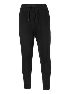 Black tapered jogger pants with elastic drawstring waistband and ribbed cuffs