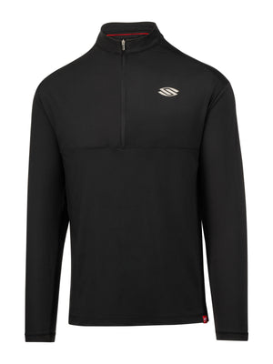 Black long-sleeve quarter-zip pullover with mock collar, small chest logo, red interior collar trim and red hem tag.