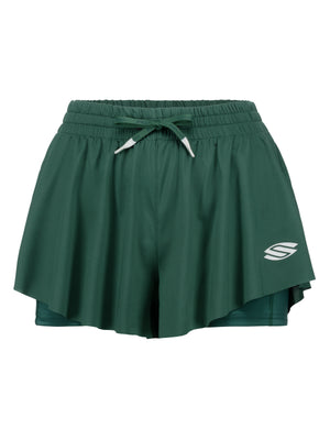 Green layered running shorts with inner compression liner, elastic drawstring waist and white S logo on right hem.