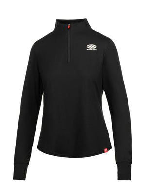 Black women's long-sleeve quarter-zip pullover with SELKIRK logo on left chest and small red hem tag.