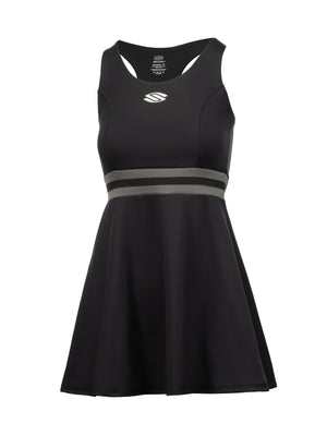Black athletic tennis dress with racerback, gray double-striped waist and white stylized "S" logo on chest