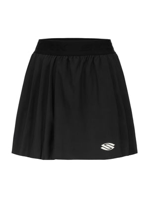 Black pleated tennis skirt with elastic logo waistband and small white stylized 'S' logo at lower right hem.