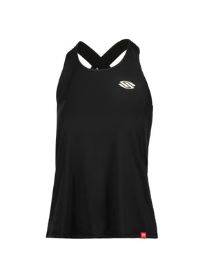 Black women's racerback athletic tank top with crossed straps and small white chest logo