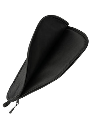 Open black padded zippered case showing interior, dual zipper pulls and textured hex-pattern exterior