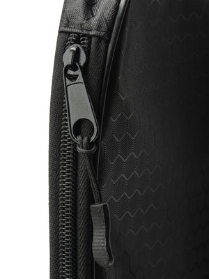 Close-up of a black zipper pull and hex-patterned fabric on a protective zippered case.