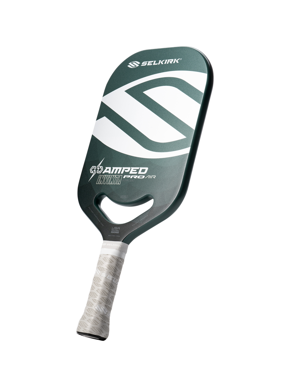 Green SELKIRK pickleball paddle with large S logo; AMPED INVICTA PRO AIR text, USA mark near throat, white textured grip.