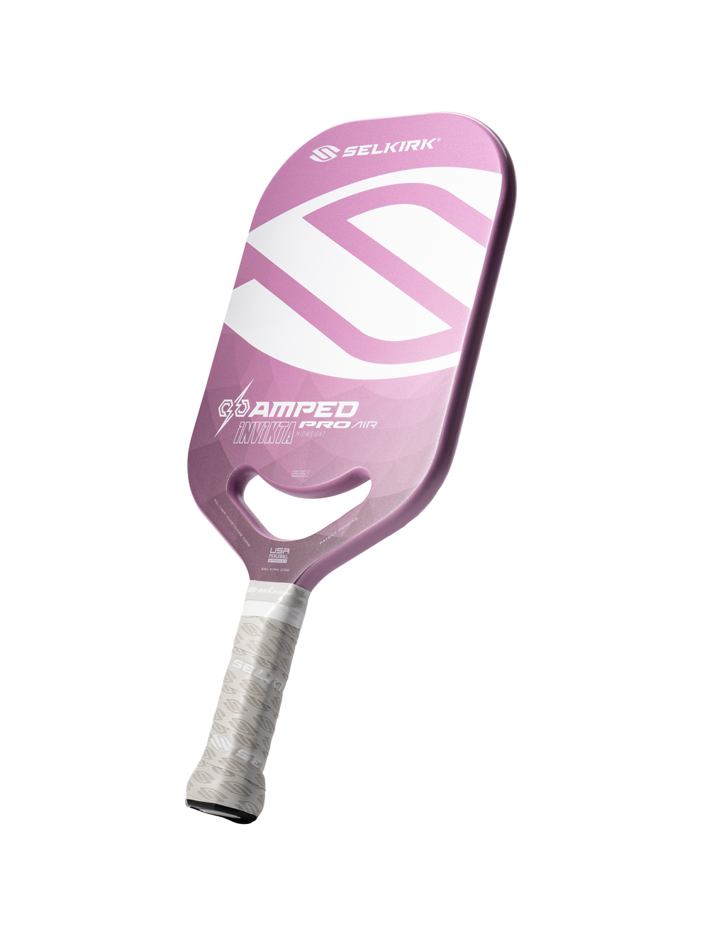 Pink Selkirk paddle with white 'SELKIRK' logo, 'AMPED PRO AIR', 'INVICTA' and small 'USA' text