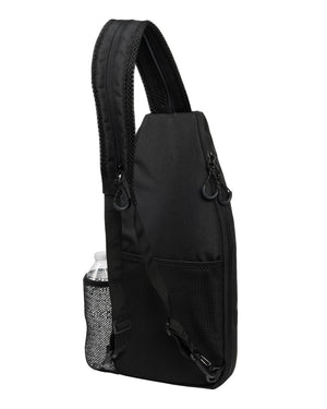 Black single-strap sling backpack with padded adjustable strap, mesh side water-bottle pocket, front double-zip pocket.