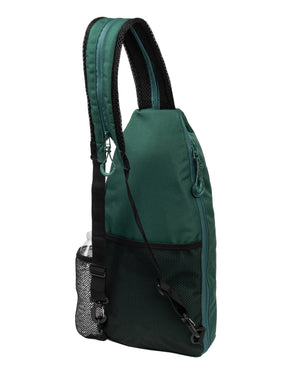 green single-strap sling backpack with mesh side pocket, adjustable strap and zipper
