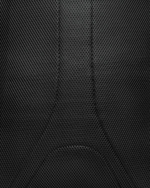 Black breathable mesh padded back panel with central spine stitching on backpack.
