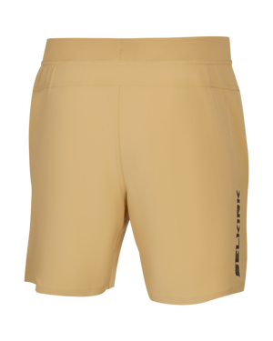 Back view of mustard athletic shorts with vertical 'SELKIRK' logo on right leg.