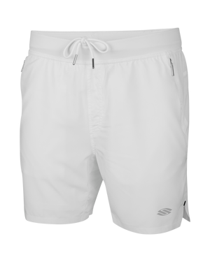 Men's white swim/training shorts with drawstring waistband, zip pockets and reflective logo at hem