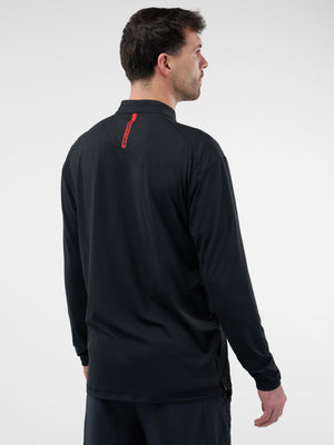 Back view of men’s Sport-Wik 1/4-zip pullover in black showcasing red vertical Selkirk back tag on light gray background
