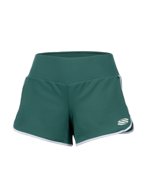 Front view of women’s SportWik shorts, green, high-rise waistband, white piped hem, Selkirk logo, transparent background
