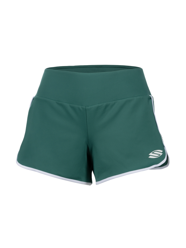 Front view of women's Sport-Wik pickleball shorts showcasing high waistband and white piped hem on black background