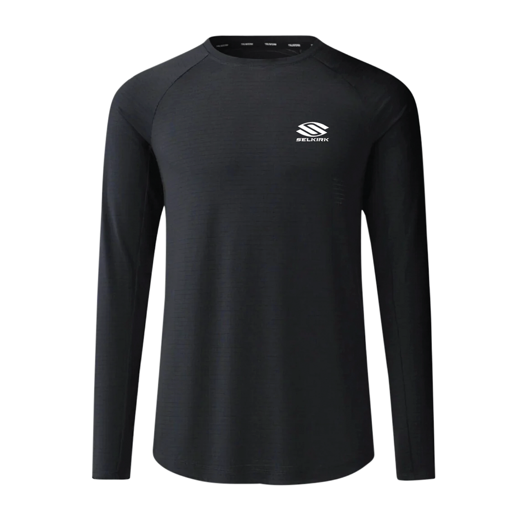 Selkirk TruWear Men's Cardinal Long Sleeve Workout Shirt in black, featuring a logo on the chest.