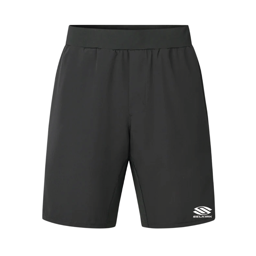 Black athletic shorts with elastic waistband and small SELKIRK logo on lower-right hem.