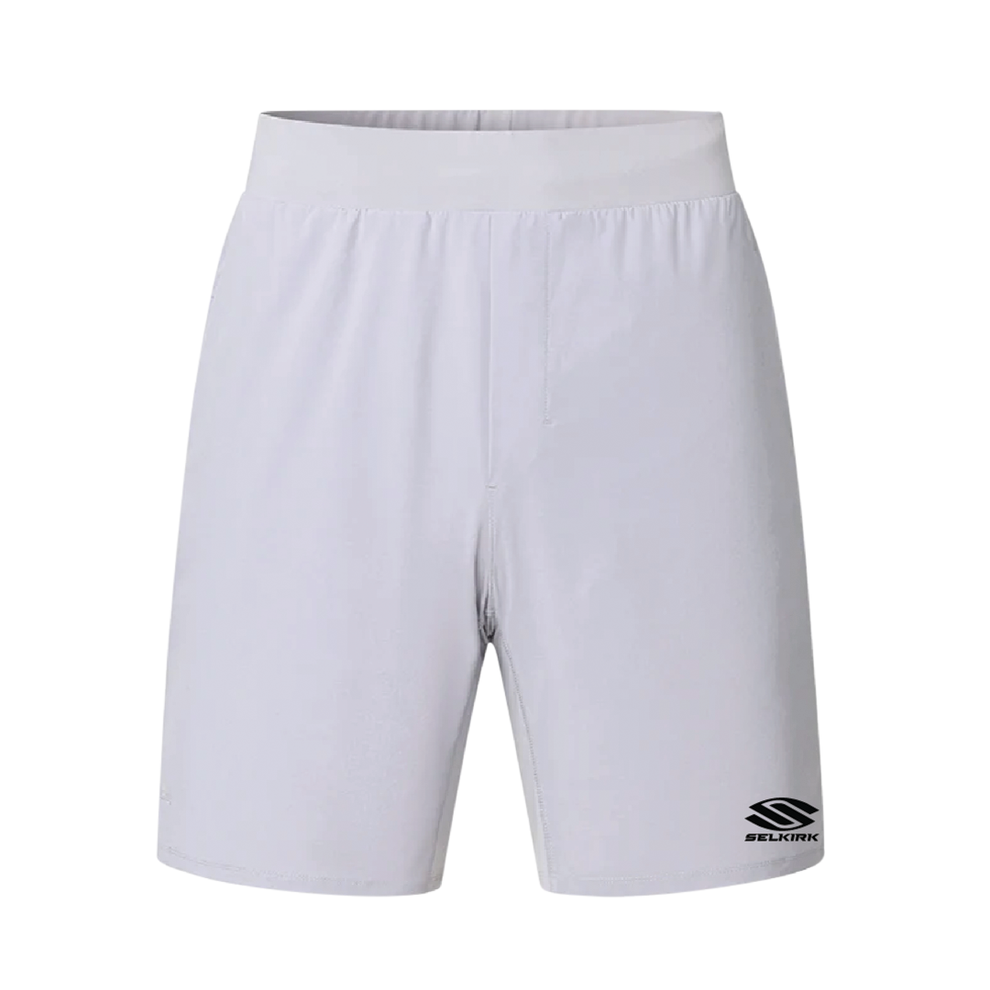 Front view of TruWear Criterion 2.0 men's workout shorts showing elastic waistband and Selkirk logo on white background