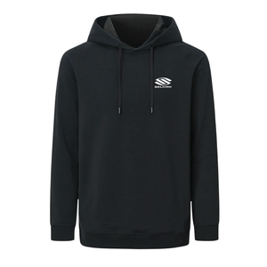 Front view of black Selkirk TruWear Singular hoodie with soft stretch fabric, hood, drawstrings, and chest logo