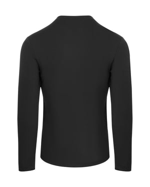 Black long-sleeve crewneck shirt, back view