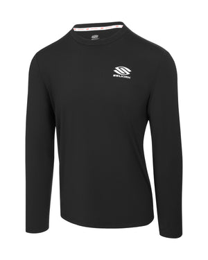 Black long-sleeve crew-neck athletic shirt with small white SELKIRK logo on left chest