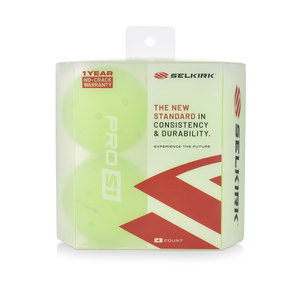 Front view of Selkirk Pro S1 4-pack pickleballs showing bright yellow balls in clear packaging with 1 Year No-Crack warranty