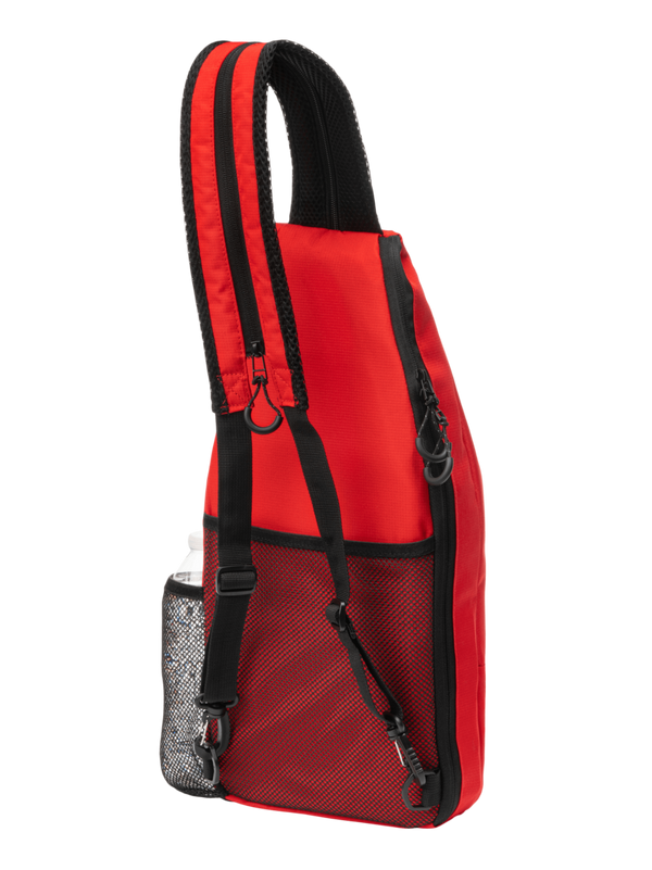 Selkirk pickleball sling bag in black, green, purple/pink, gold, red, and gray.