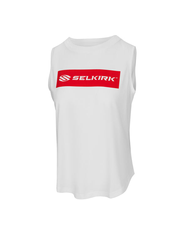 White sleeveless tank top with 'Pickleball' text in red from Selkirk Sport