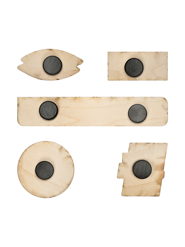 Six light-wood shapes (eye, small rectangle, long bar with two magnets, circle, stepped rectangle), each with a round black magnet.