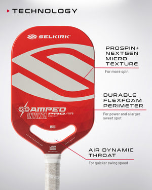 Selkirk AMPED Pro Air pickleball paddle with ProSpin+ NextGen Micro Texture, Durable FlexFoam Perimeter, and Air Dynamic Throat features.