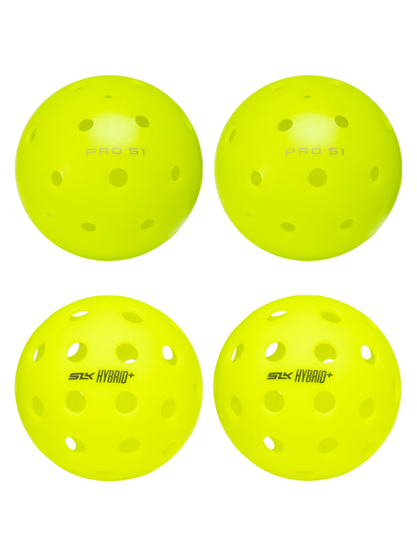Four neon-yellow perforated pickleball balls, top pair labeled 'PRO S1', bottom pair labeled 'SLK HYBRID+'