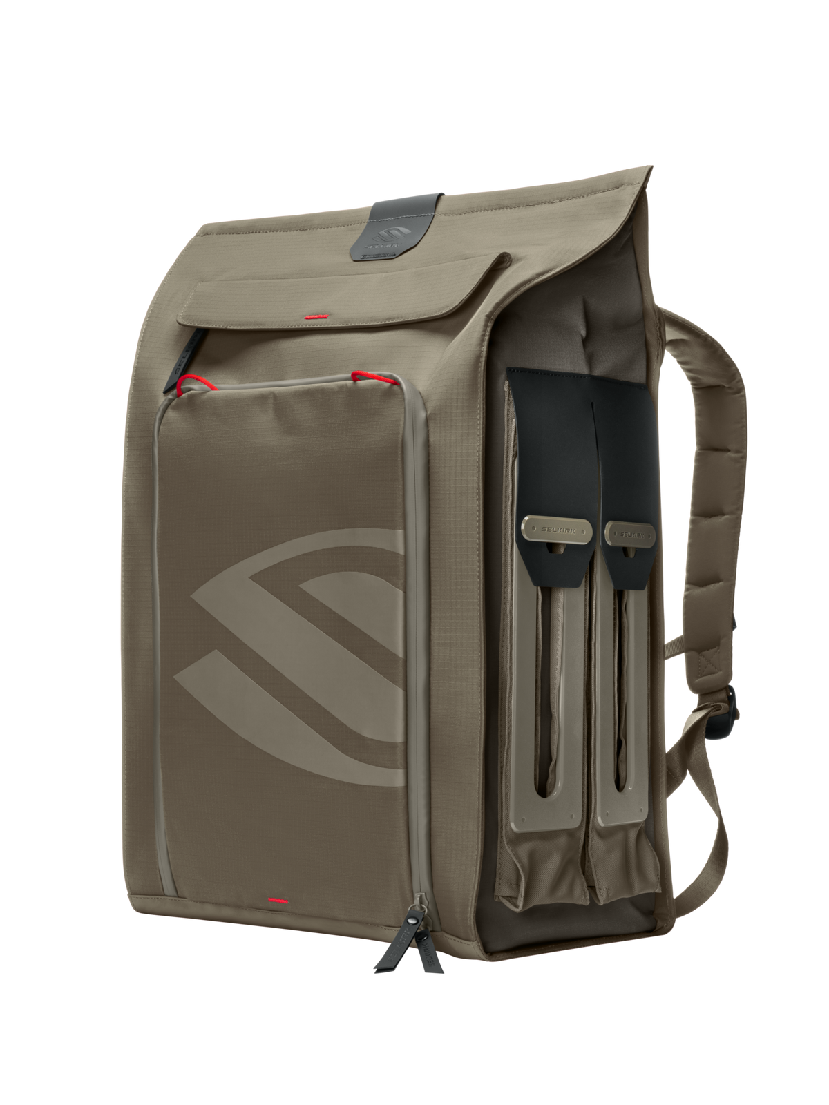 Right-side view of Selkirk Pro Line 2.0 35L backpack, Earth Gray, showing paddle sleeves and zippered front pocket