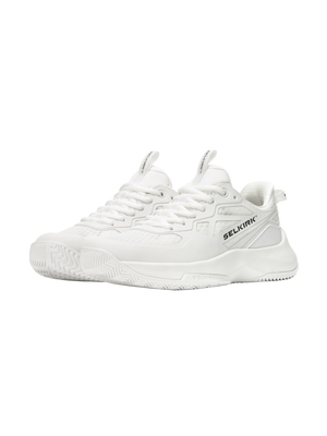 Three-quarter view of Selkirk Sport CourtStrike Pro 3.0 Women’s Pickleball Shoe showcasing white mesh uppers on a plain background