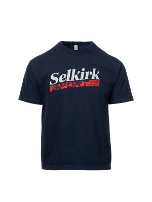 Front view of navy Selkirk Sport 1776 heavy T-shirt showcasing retro Americana design on transparent background