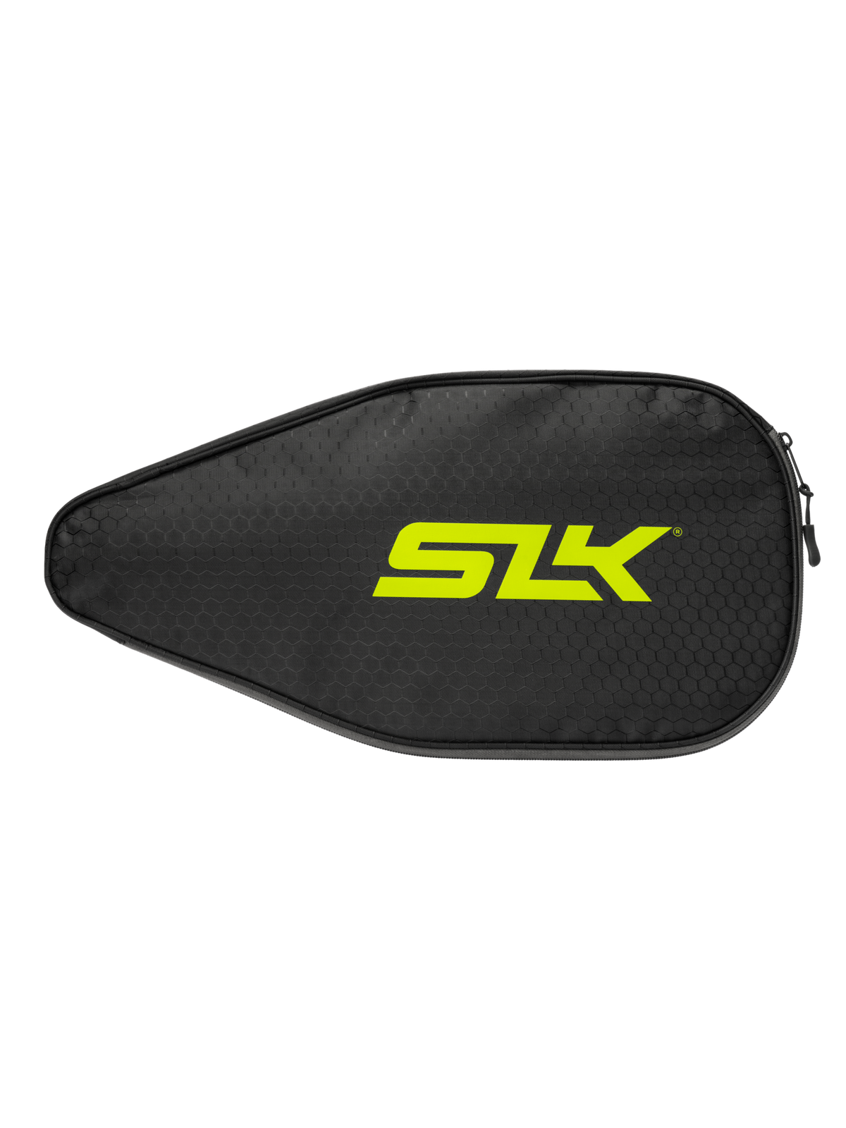 Front view of SLK Pickleball Paddle Protective Case showcasing black hex-patterned padding and green SLK logo