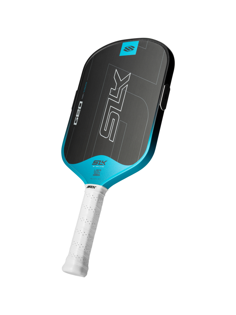 Teal-and-black Selkirk SLK GEO pickleball paddle with SLK and GEO logos and small 'by Selkirk' and 'USA' text