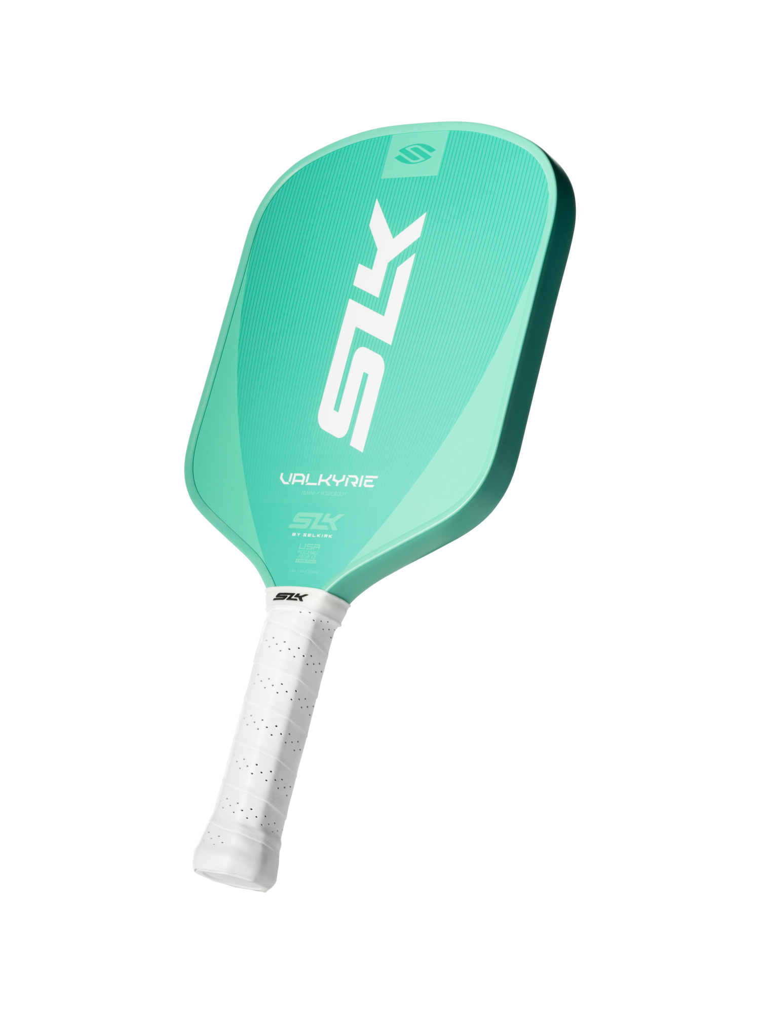 Angled front view of SLK Valkyrie pickleball paddle, jade widebody with large SLK logo and white grip, on white background