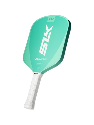 Angled front view of the SLK Valkyrie pickleball paddle showcasing its jade face and white perforated grip on a black background