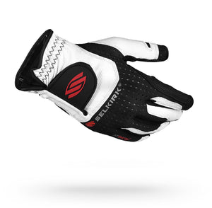 White and black glove with red logo, perforated palm and wrist strap; SELKIRK branding visible
