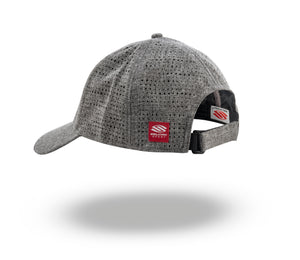 Gray textured adjustable baseball cap shown from the back with a red square tag on the strap