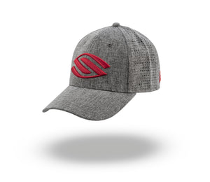 Gray heathered baseball cap with red stylized S-shaped logo on front and perforated back panel