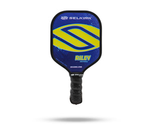 SELKIRK RILEY MINI PADDLE, blue face with yellow logo, SELKIRK.COM on lower face, black perforated grip