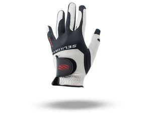 Back view of Selkirk Sport Pickleball Boost Glove showcasing black and white panels, red Selkirk logo, and wrist strap on white background