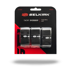 Front view of Selkirk Sport Tacky Pickleball Overgrip 3 Pack showcasing three black grips in clear packaging