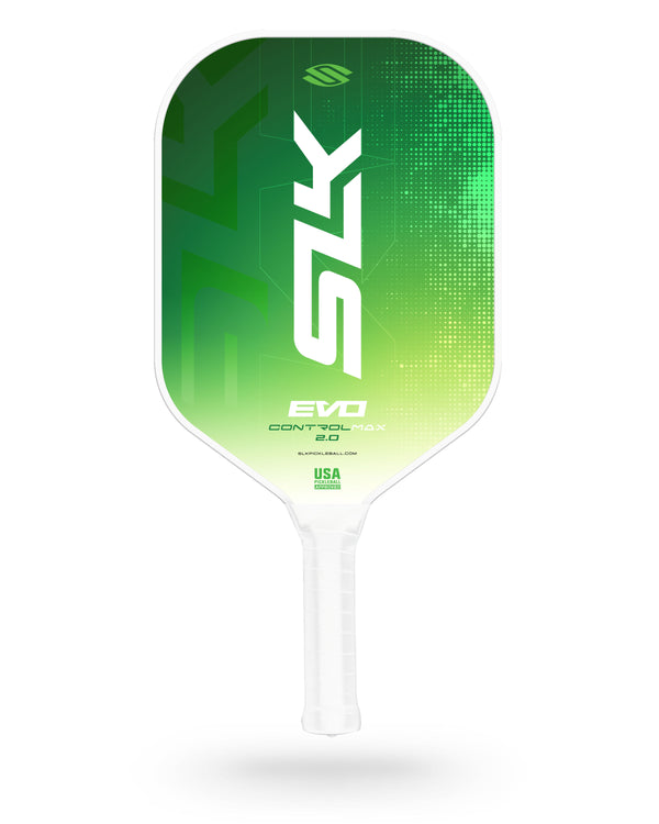 Green pickleball paddle face with white SLK logo; includes text EVO, CONTROL and small USA mark