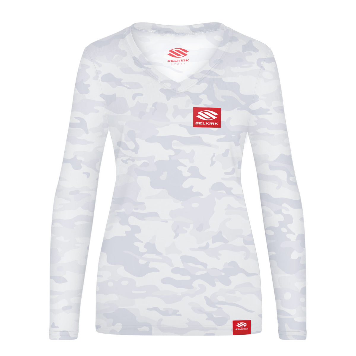 Women's long-sleeve white-gray camouflage V-neck shirt with red SELKIRK logo patches on chest and hem.